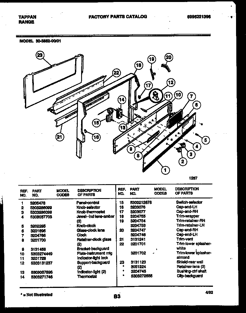 Tappan 30-3852-00-01 backguard diagram