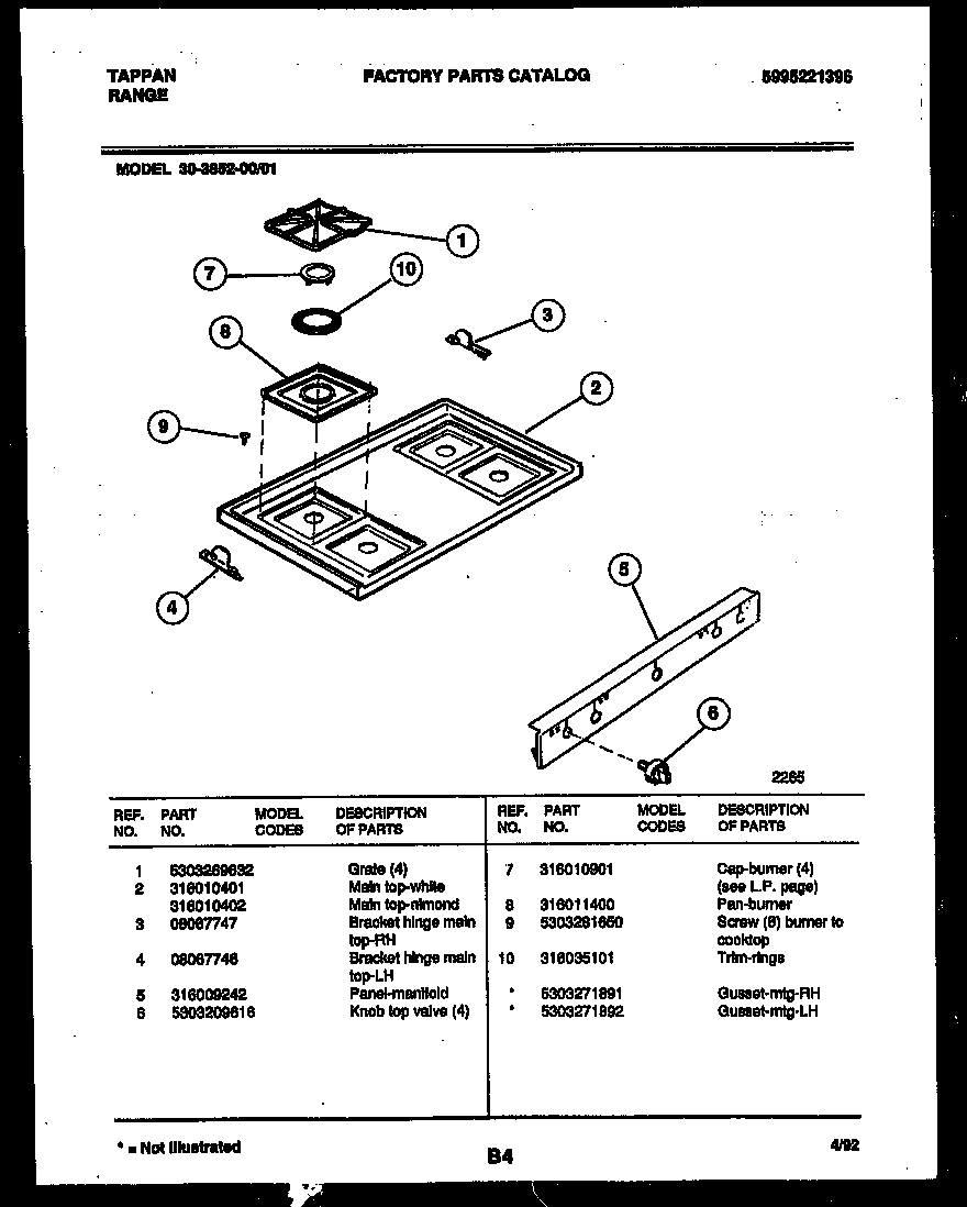Tappan 30-3852-00-01 cooktop parts diagram
