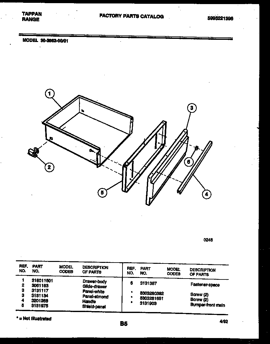 Tappan 30-3852-00-01 drawer parts diagram