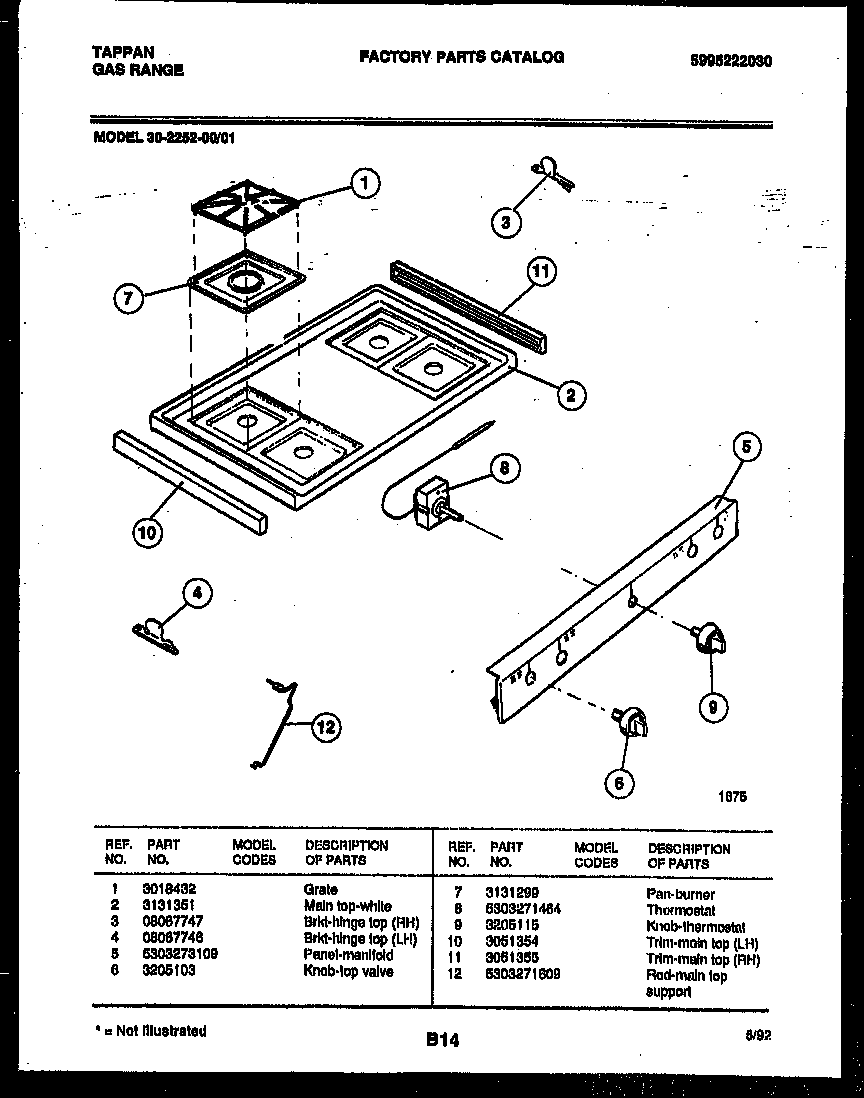 Tappan 30-2252-00-01 cooktop parts diagram
