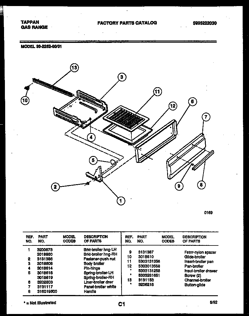 Tappan 30-2252-00-01 broiler drawer parts diagram