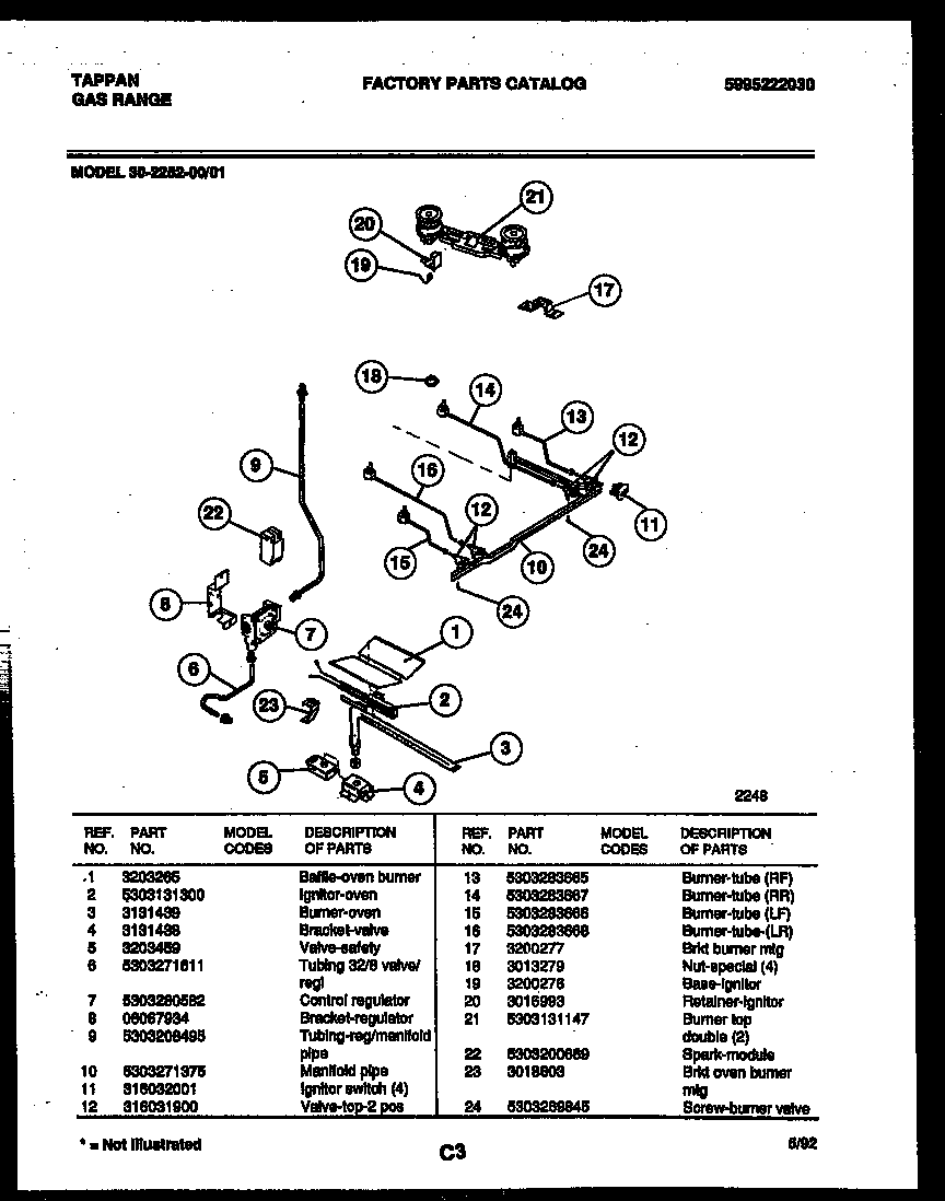 Tappan 30-2252-00-01 burner, manifold and gas control diagram