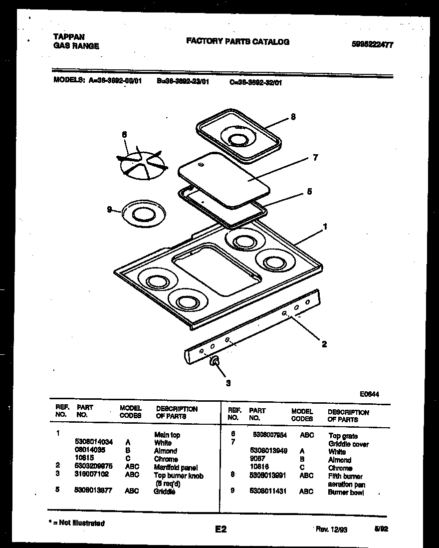 Tappan 36-3692-32-01 cooktop parts diagram