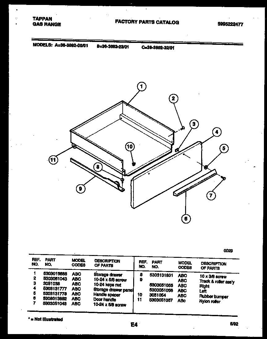 Tappan 36-3692-32-01 drawer parts diagram