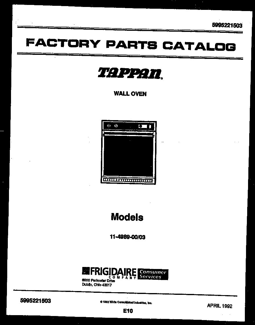Tappan 11-4989-00-03 cover page- text only diagram