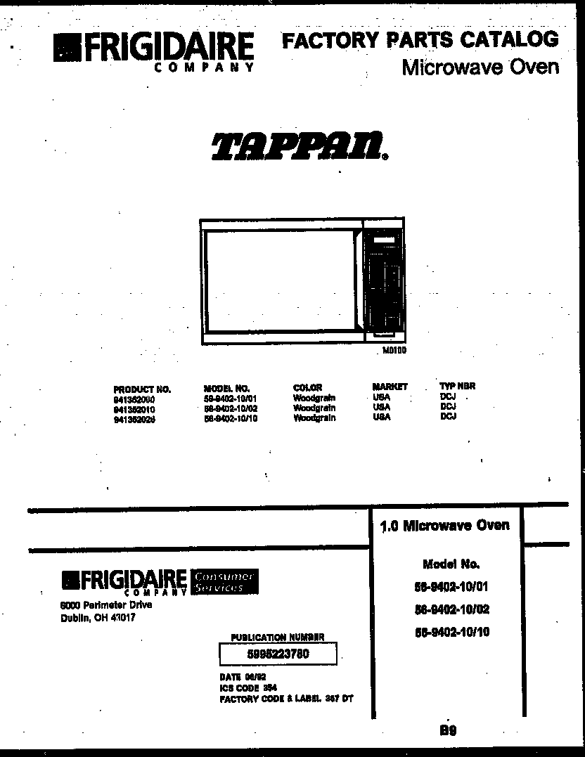 Tappan 56-9402-10-10 front cover diagram