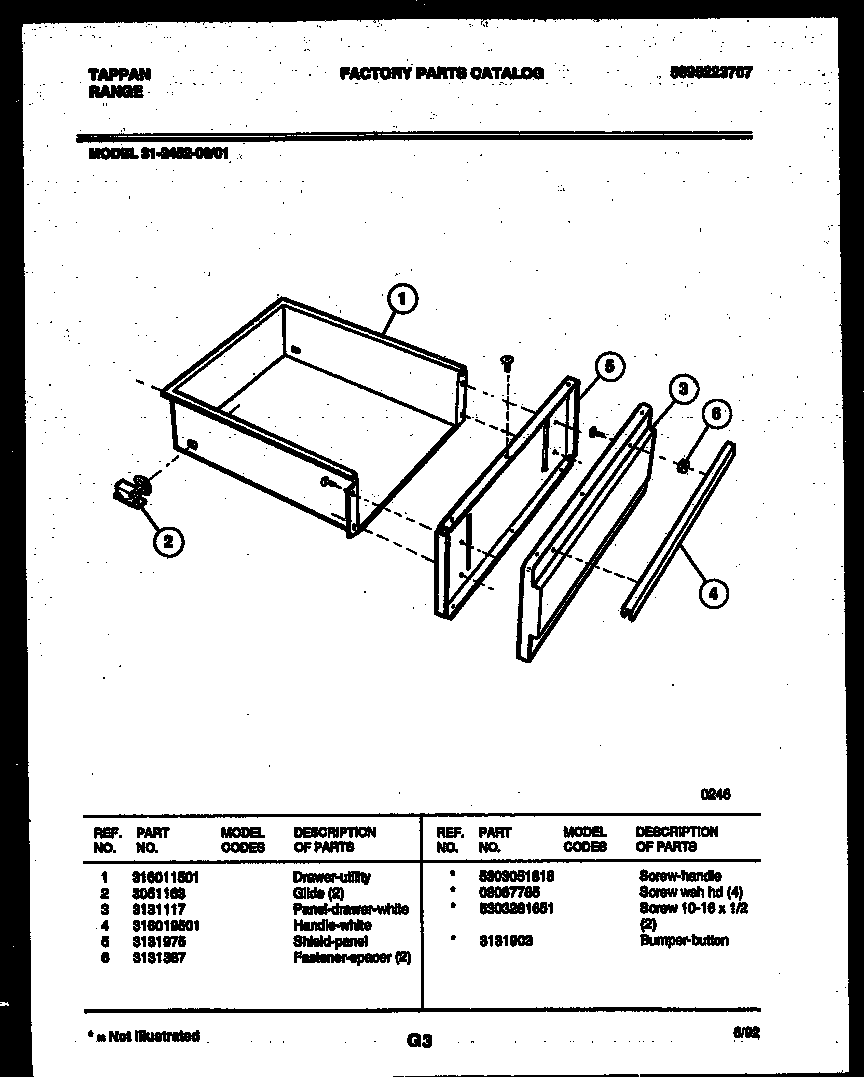Tappan 31-2452-00-01 drawer parts diagram