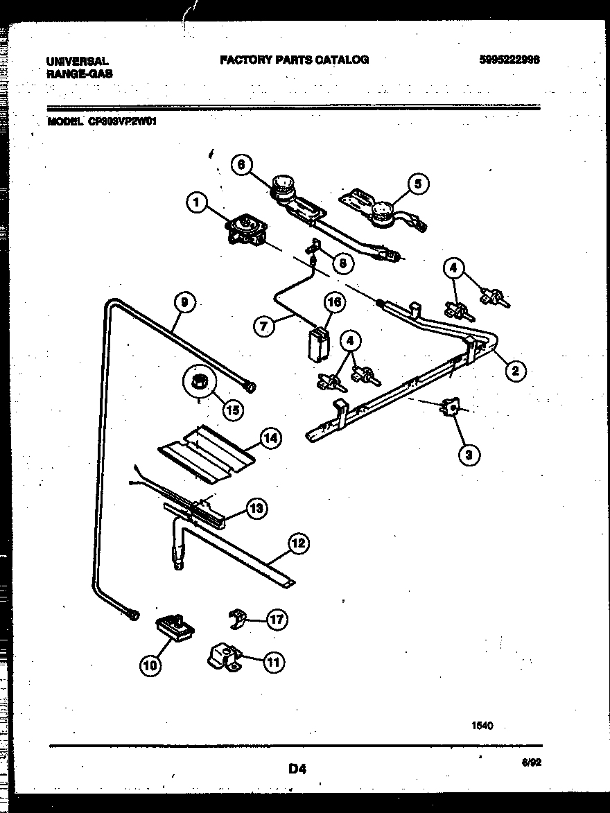 Kelvinator CP303VP2D1 burner, manifold and gas control diagram