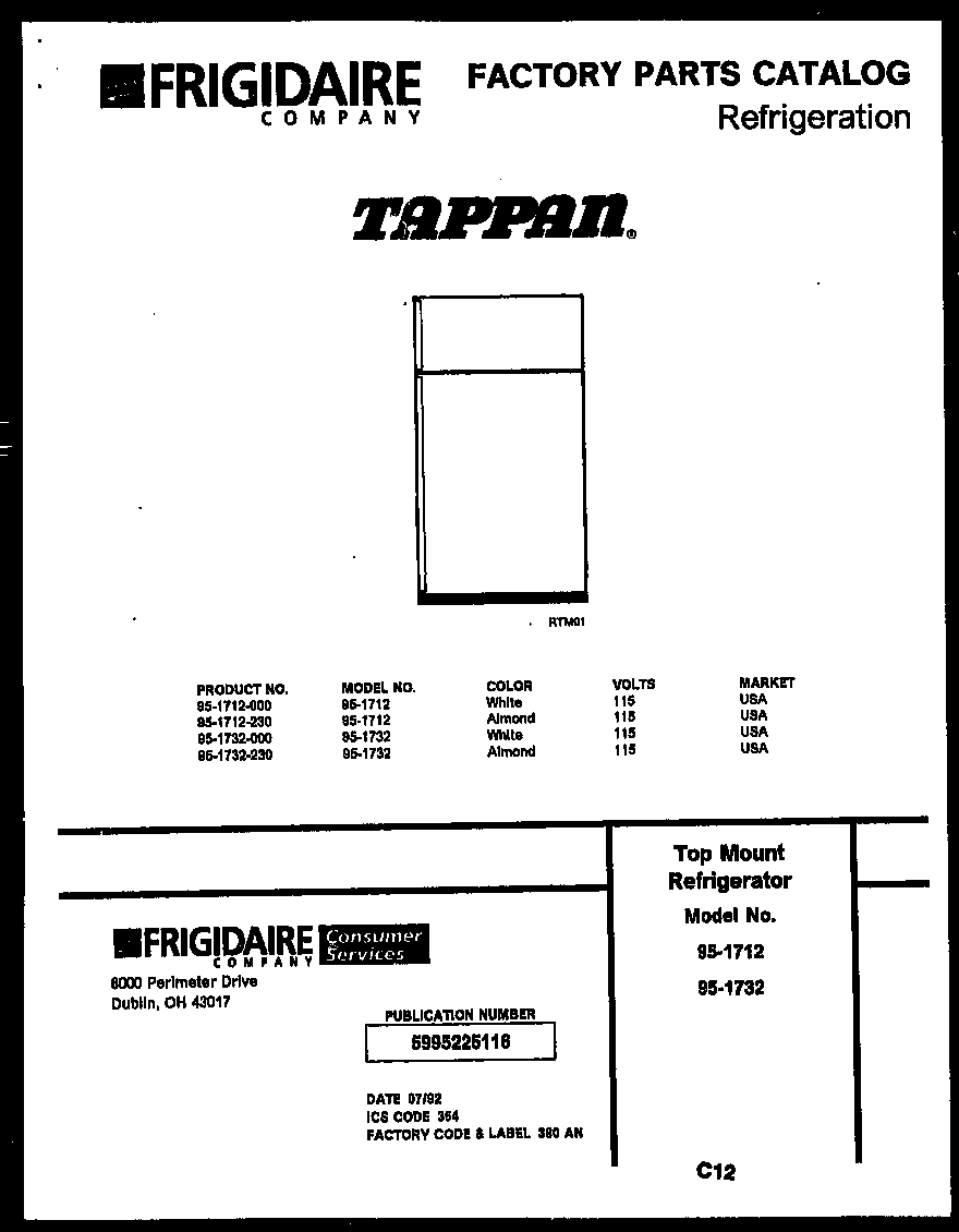 Tappan 95-1712-00-00 cover diagram
