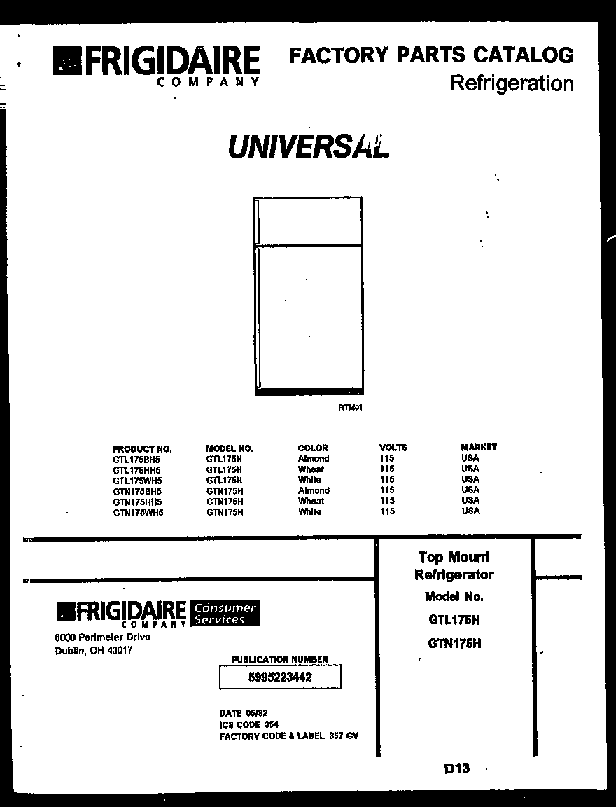 Frigidaire GTL175BH5 cover diagram