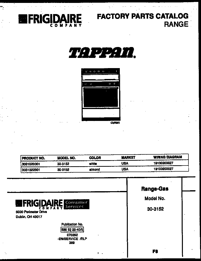 Tappan 30-3152-00-01 cover page diagram