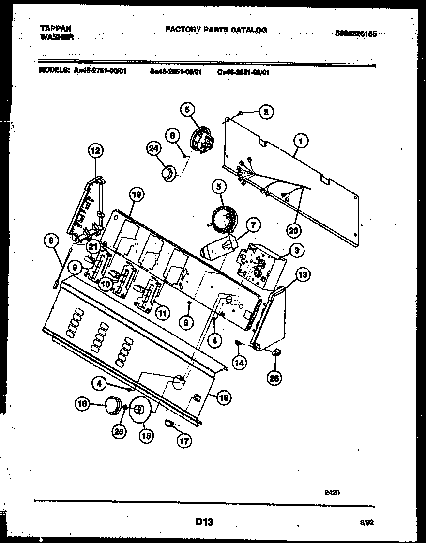 Tappan 46-2751-23-01 console and control parts diagram