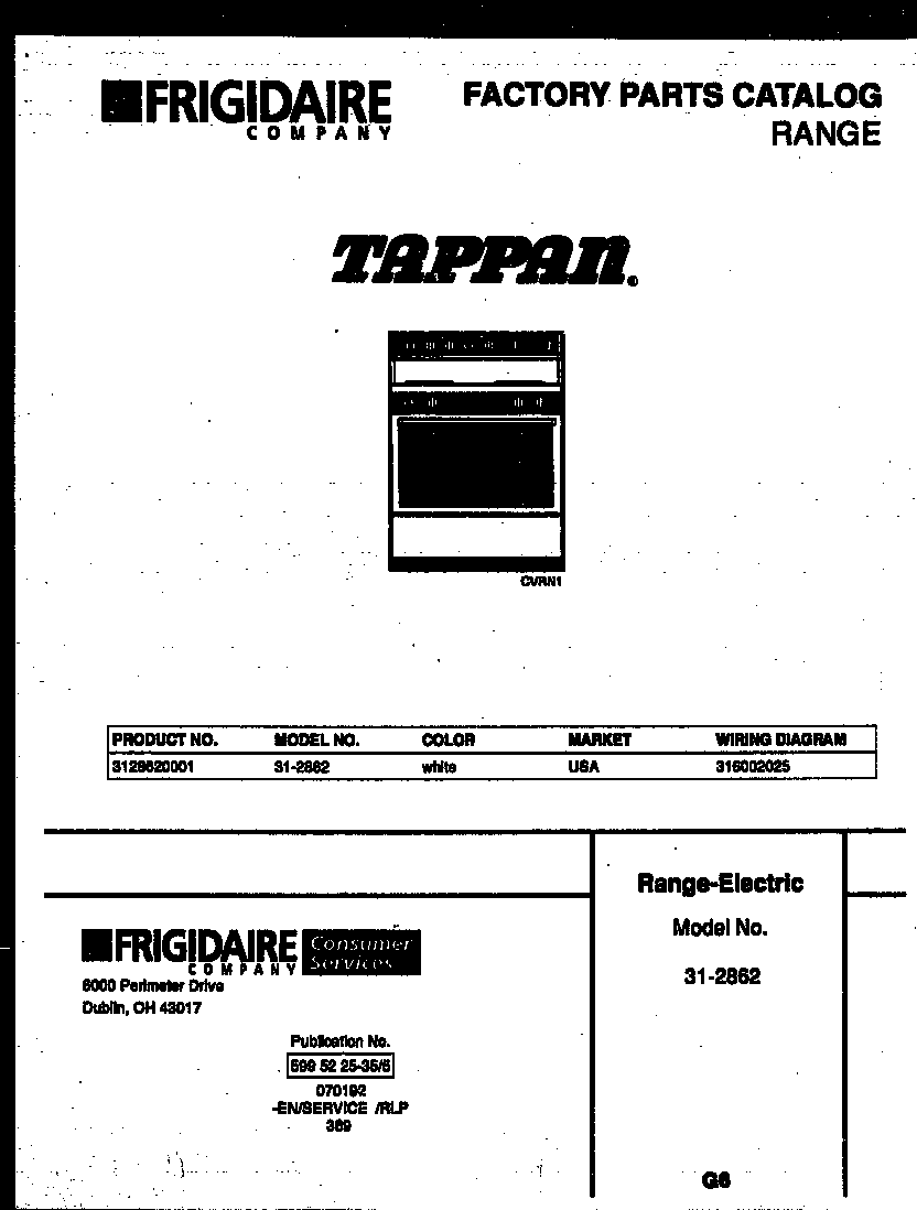 Tappan 31-2862-00-01 cover page diagram