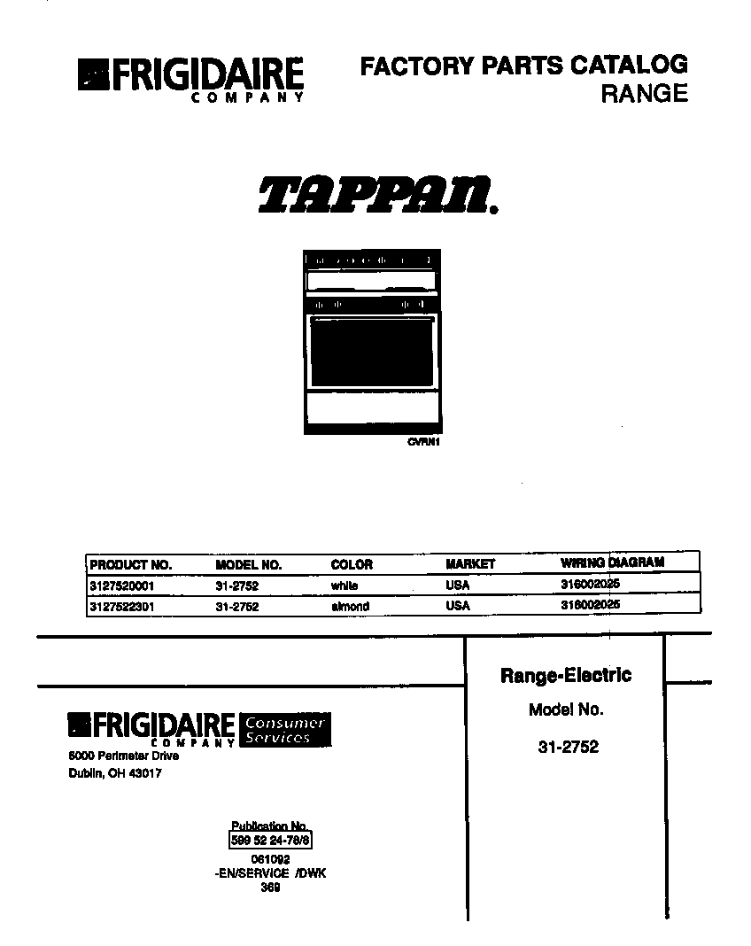 Tappan 31-2752-23-01 cover page diagram