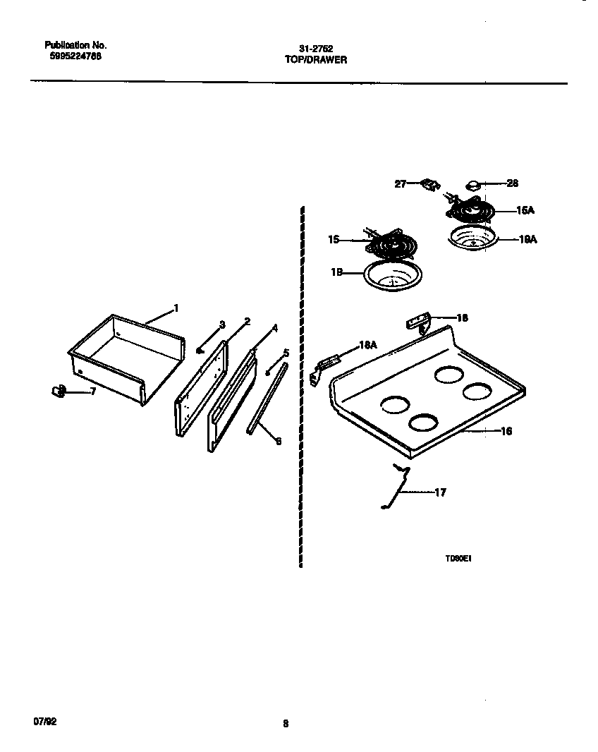 Tappan 31-2752-23-01 cooktop and drawer parts diagram