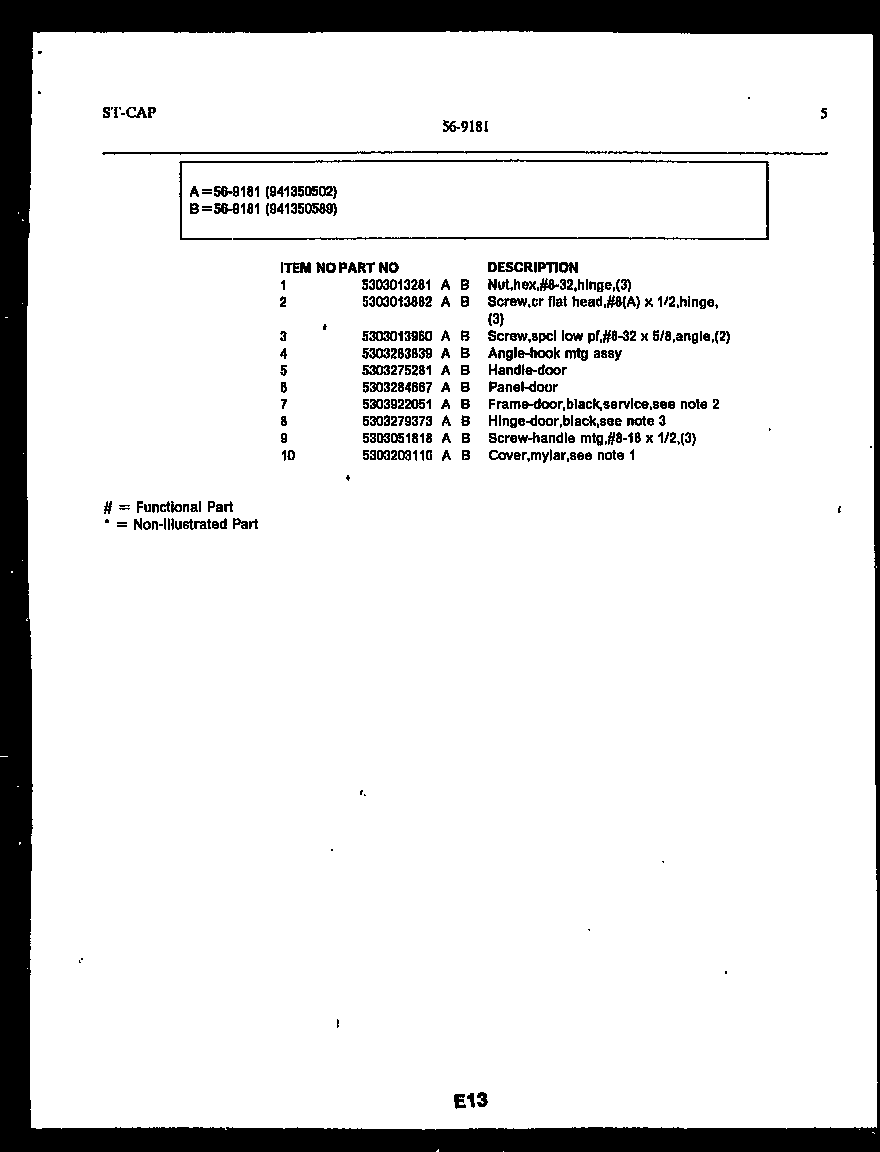Tappan 56-9602-10-01 non-illustrated diagram