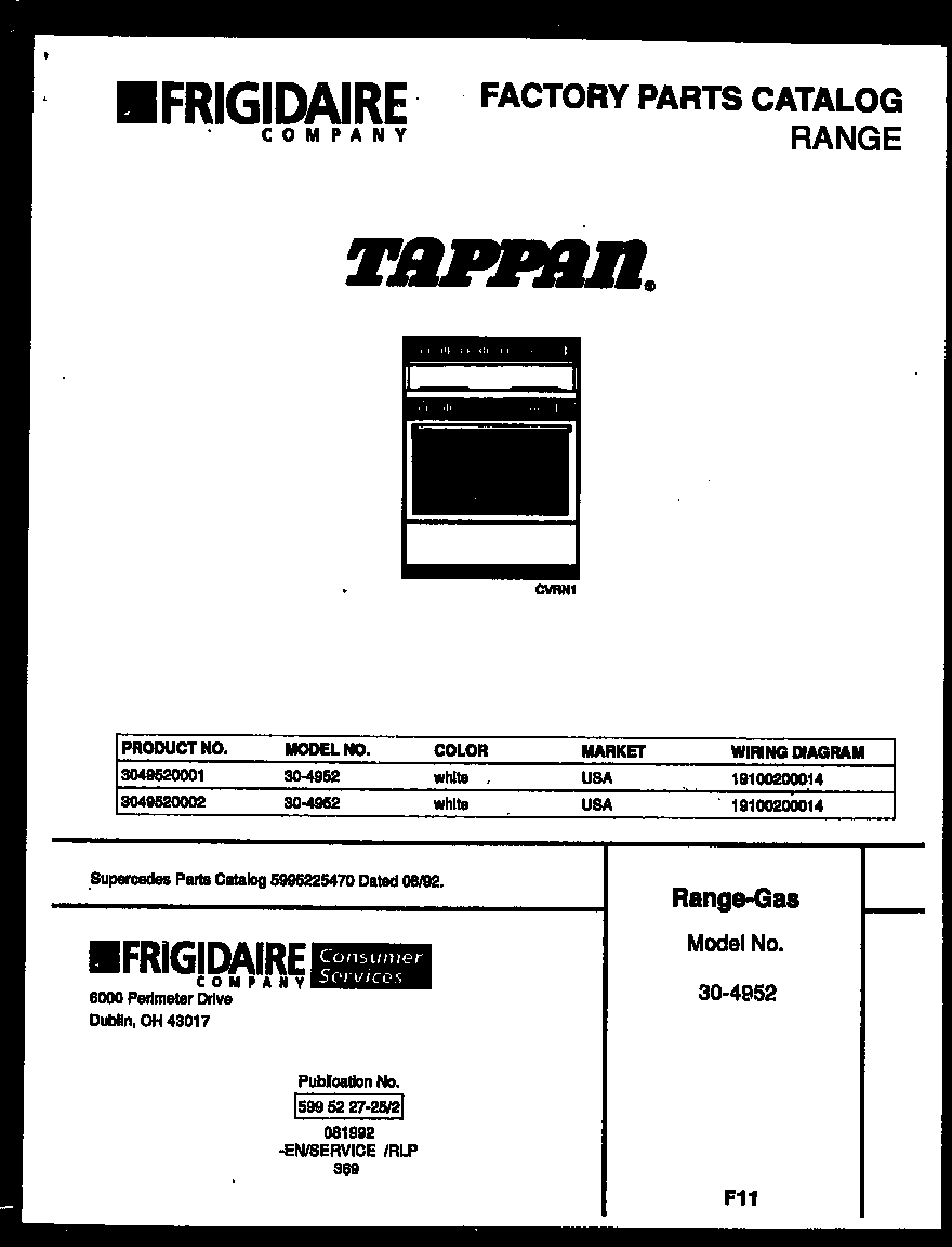 Tappan 30-4952-00-01 cover page diagram