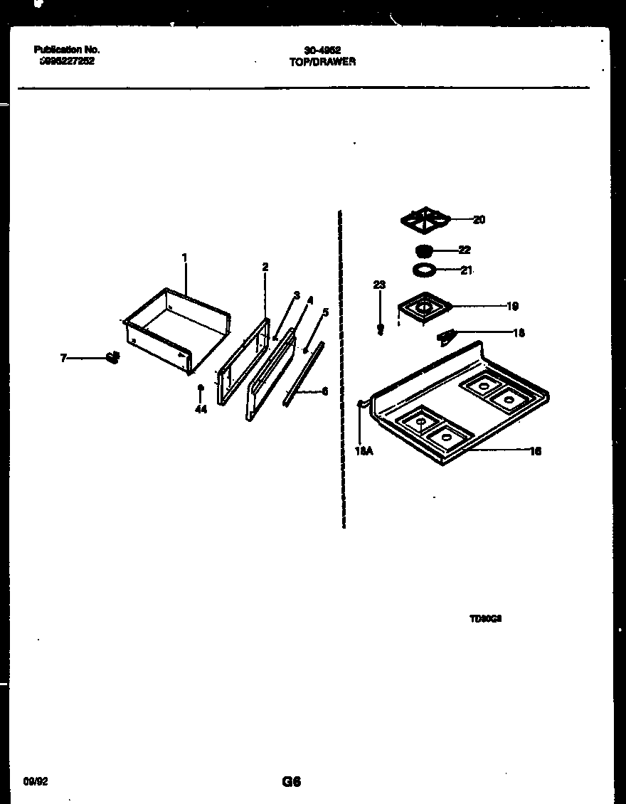 Tappan 30-4952-00-01 cooktop and drawer parts diagram