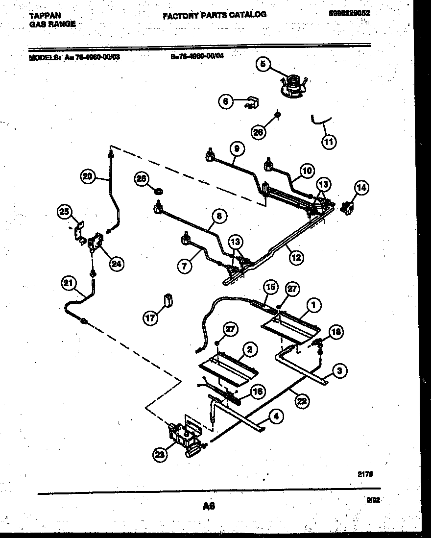 Tappan 76-4960-23-04 burner, manifold and gas control diagram