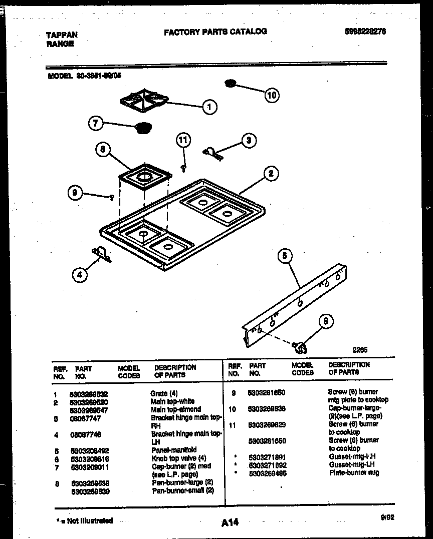 Tappan 30-3851-00-05 cooktop parts diagram