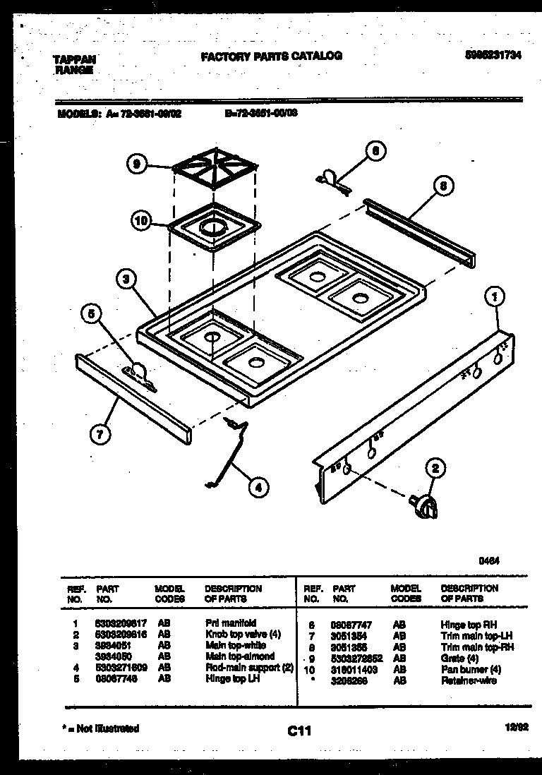 Tappan 72-3651-00-02 cooktop parts diagram