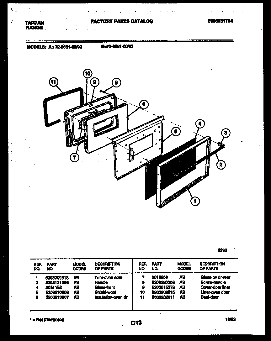 Tappan 72-3651-00-02 lower oven door parts diagram
