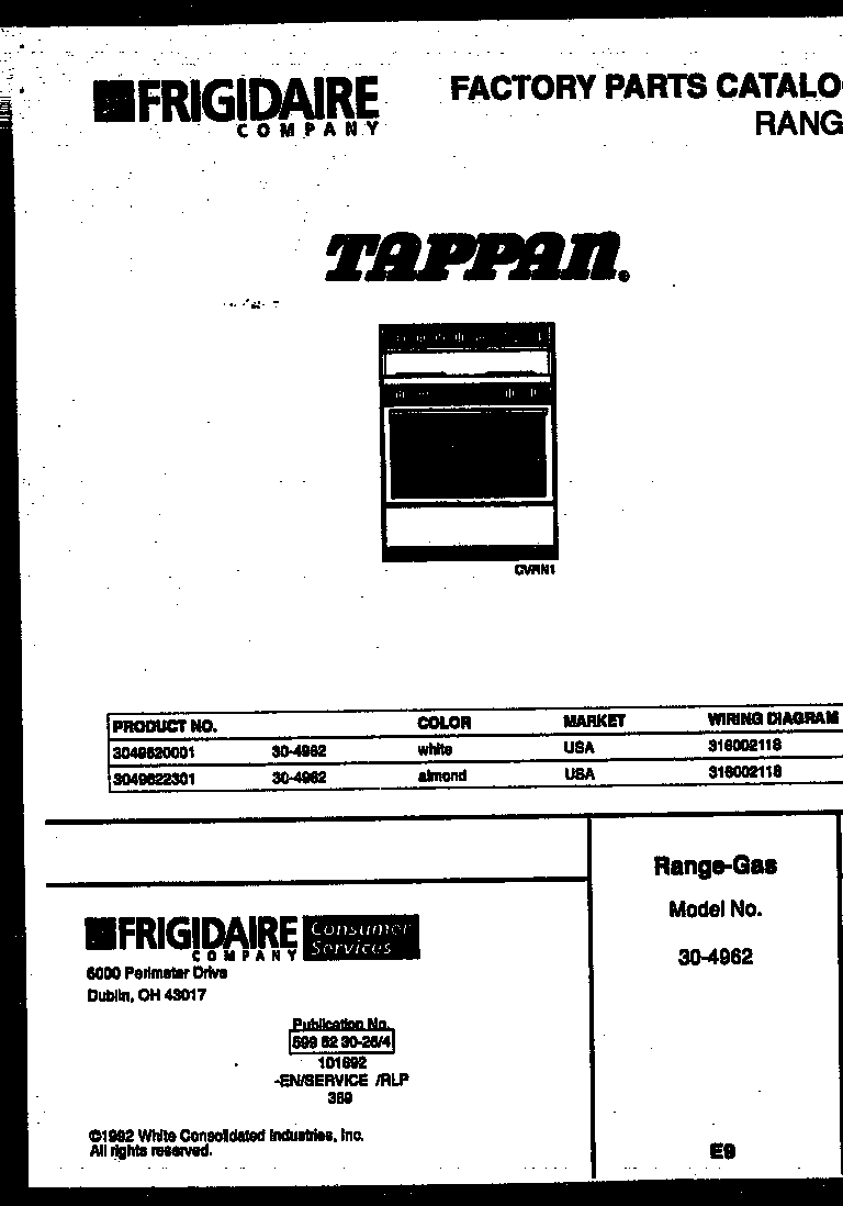 Tappan 30-4962-23-01 cover page diagram