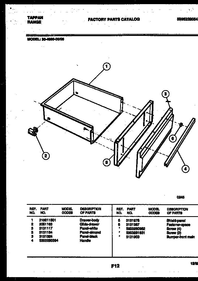 Tappan 30-4980-08-05 drawer parts diagram