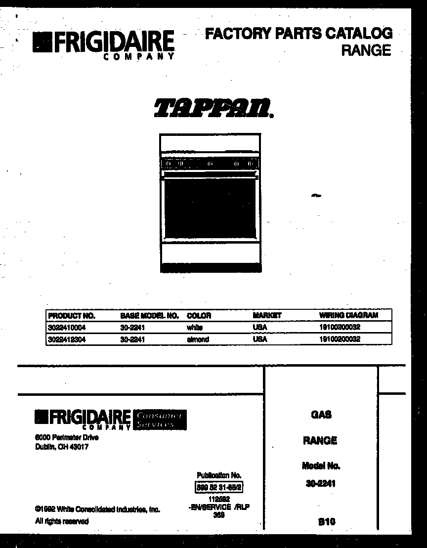 Tappan 30-2241-00-04 cover page diagram