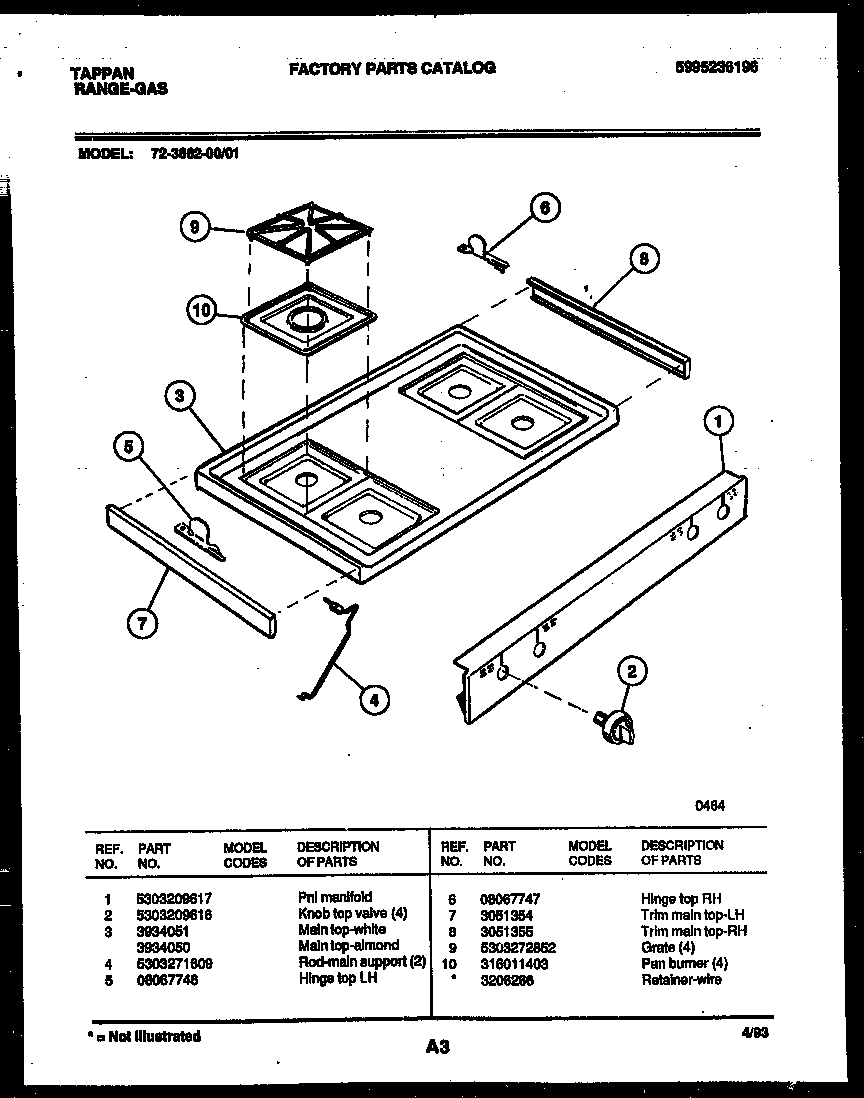 Tappan 72-3662-23-01 cooktop parts diagram