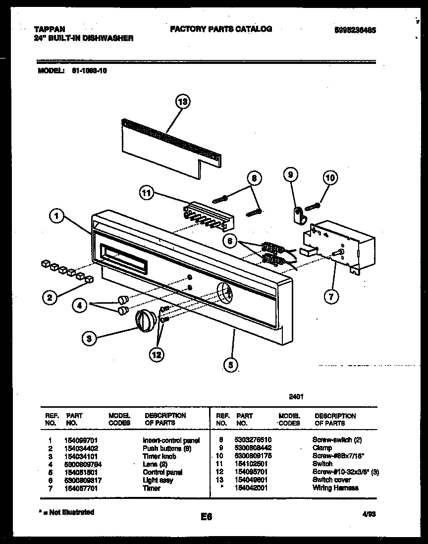 Tappan 61-1083-10-00 console and control parts diagram
