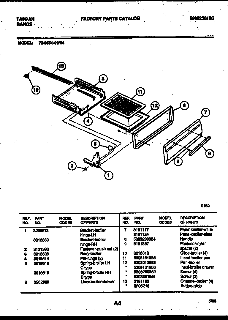 Tappan 72-3651-00-04 broiler drawer parts diagram