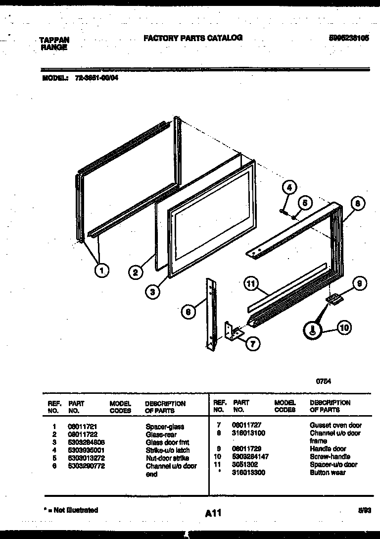 Tappan 72-3651-00-04 upper oven door parts diagram