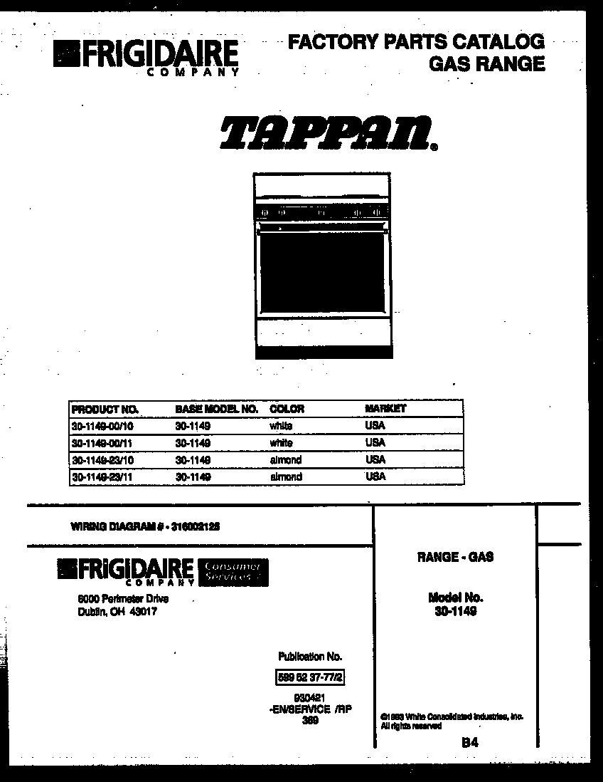 Tappan 30-1149-23-11 cover page diagram