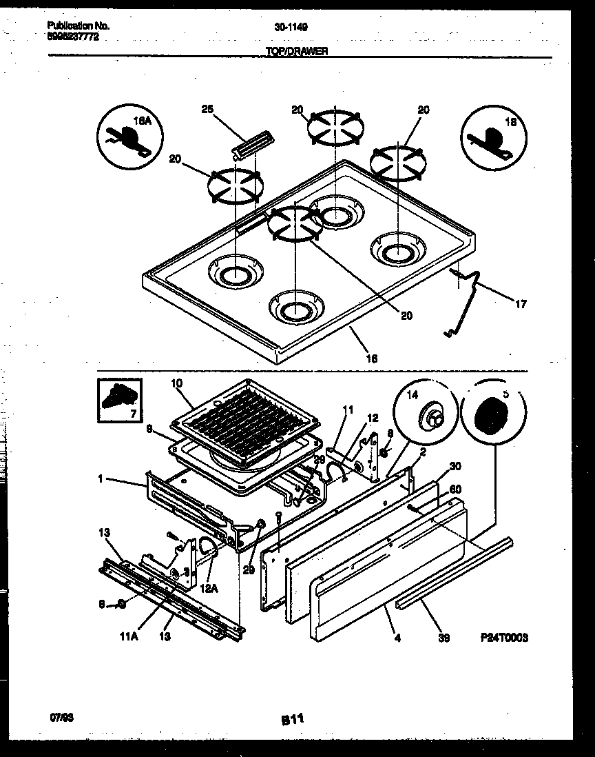 Tappan 30-1149-23-11 cooktop and broiler drawer parts diagram