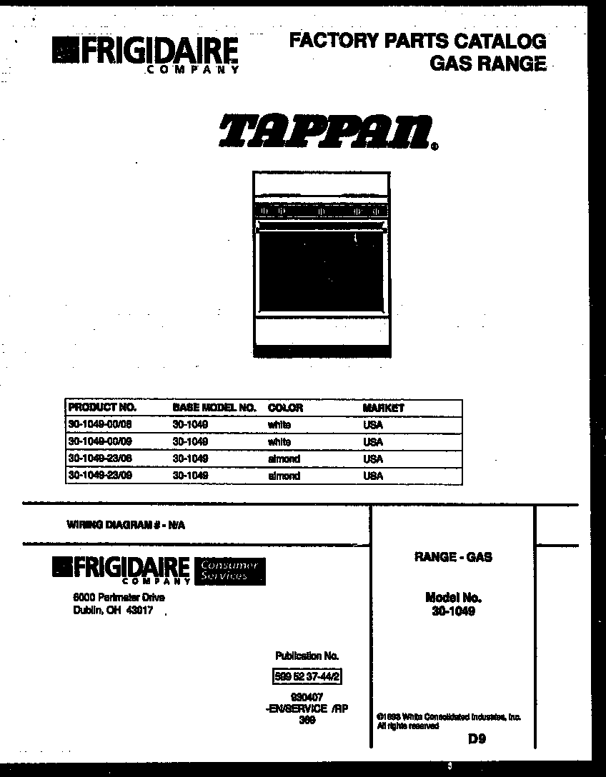 Tappan 30-1049-23-09 cover page diagram