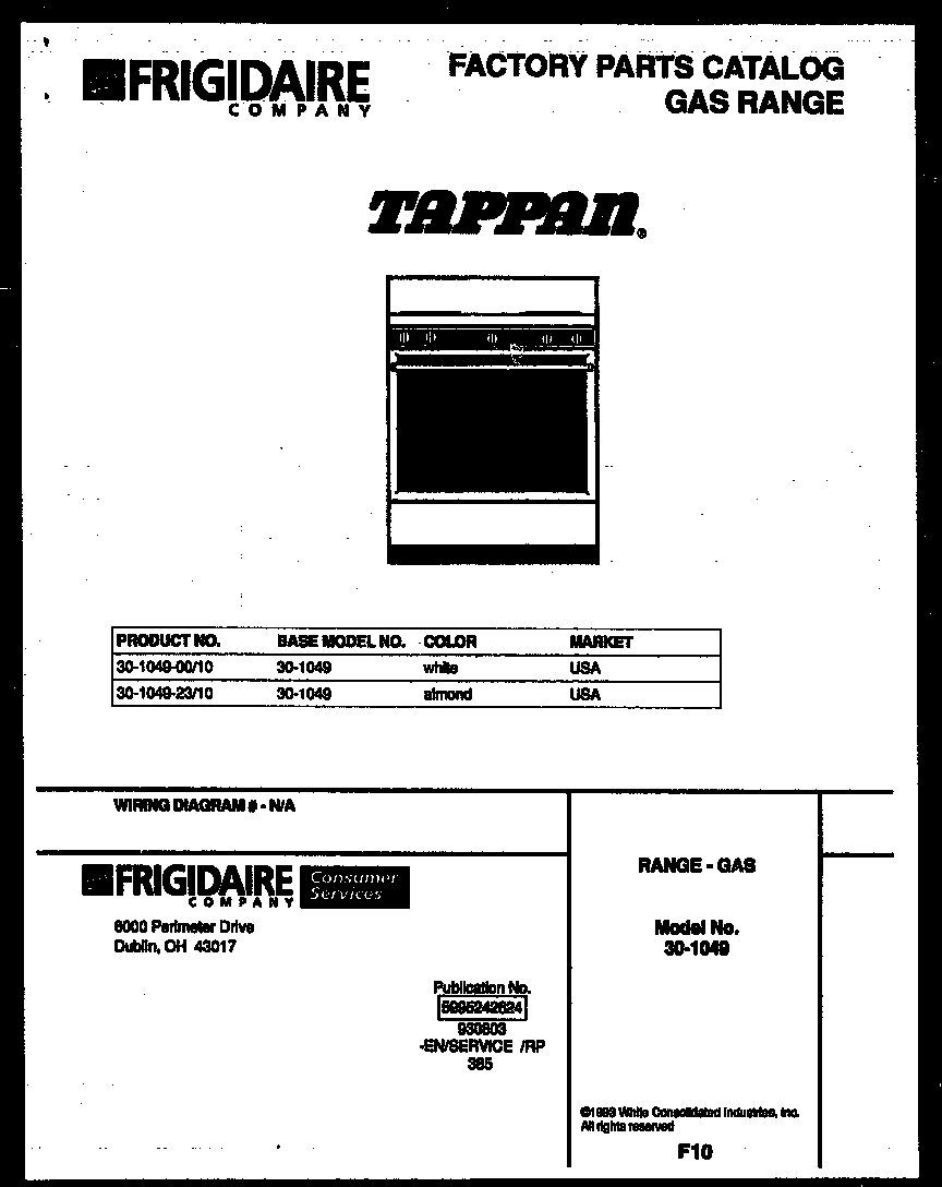 Tappan 30-1049-23-10 cover page diagram
