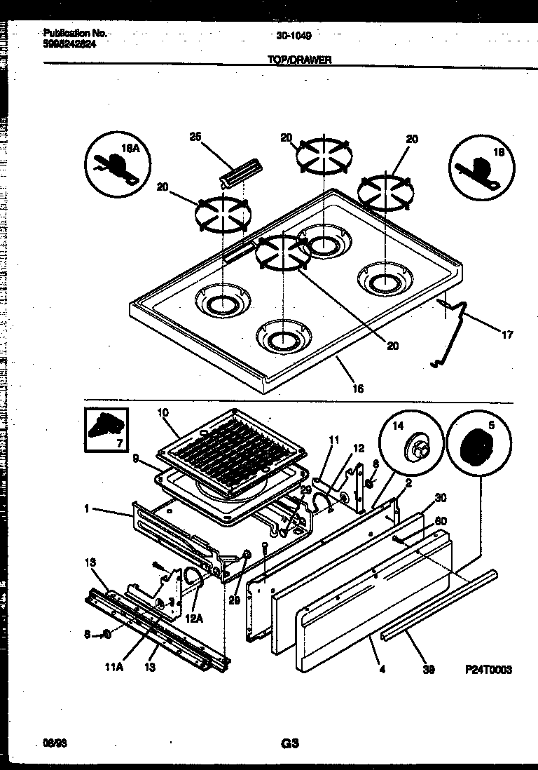 Tappan 30-1049-23-10 cooktop and broiler drawer parts diagram