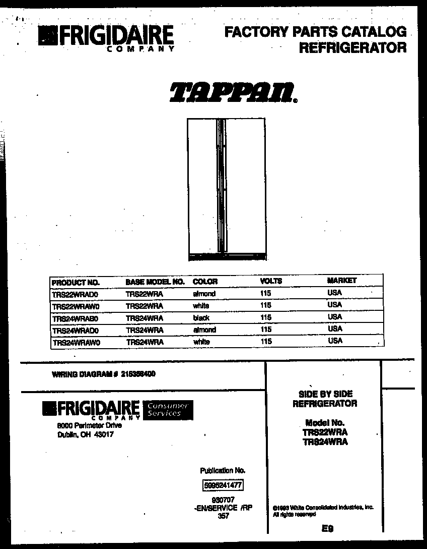 Tappan TRS22WRAD0 front cover diagram
