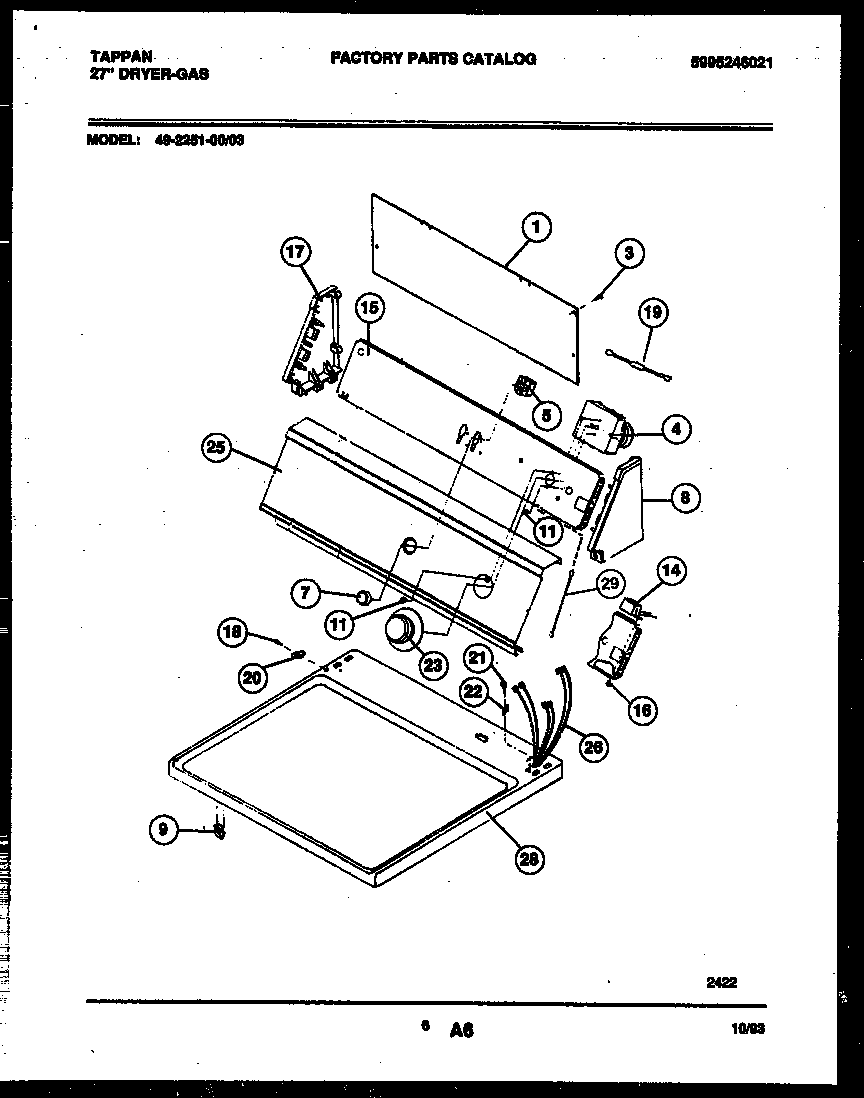 Tappan 49-2251-00-03 console and control parts diagram