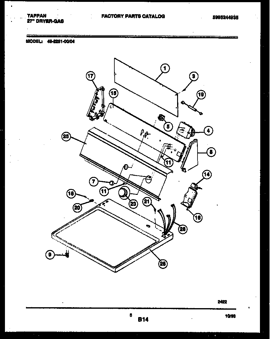 Tappan 49-2251-00-04 console and control parts diagram