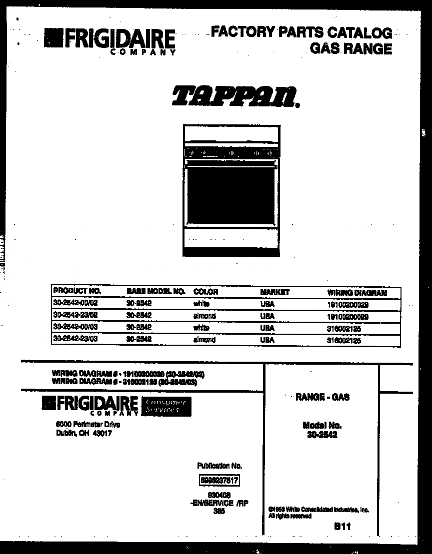 Tappan 30-2542-00-03 cover page diagram