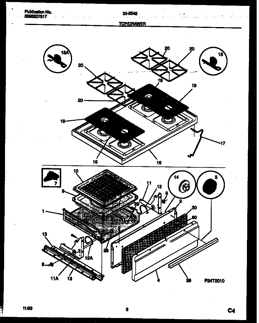 Tappan 30-2542-00-03 cooktop and broiler drawer parts diagram