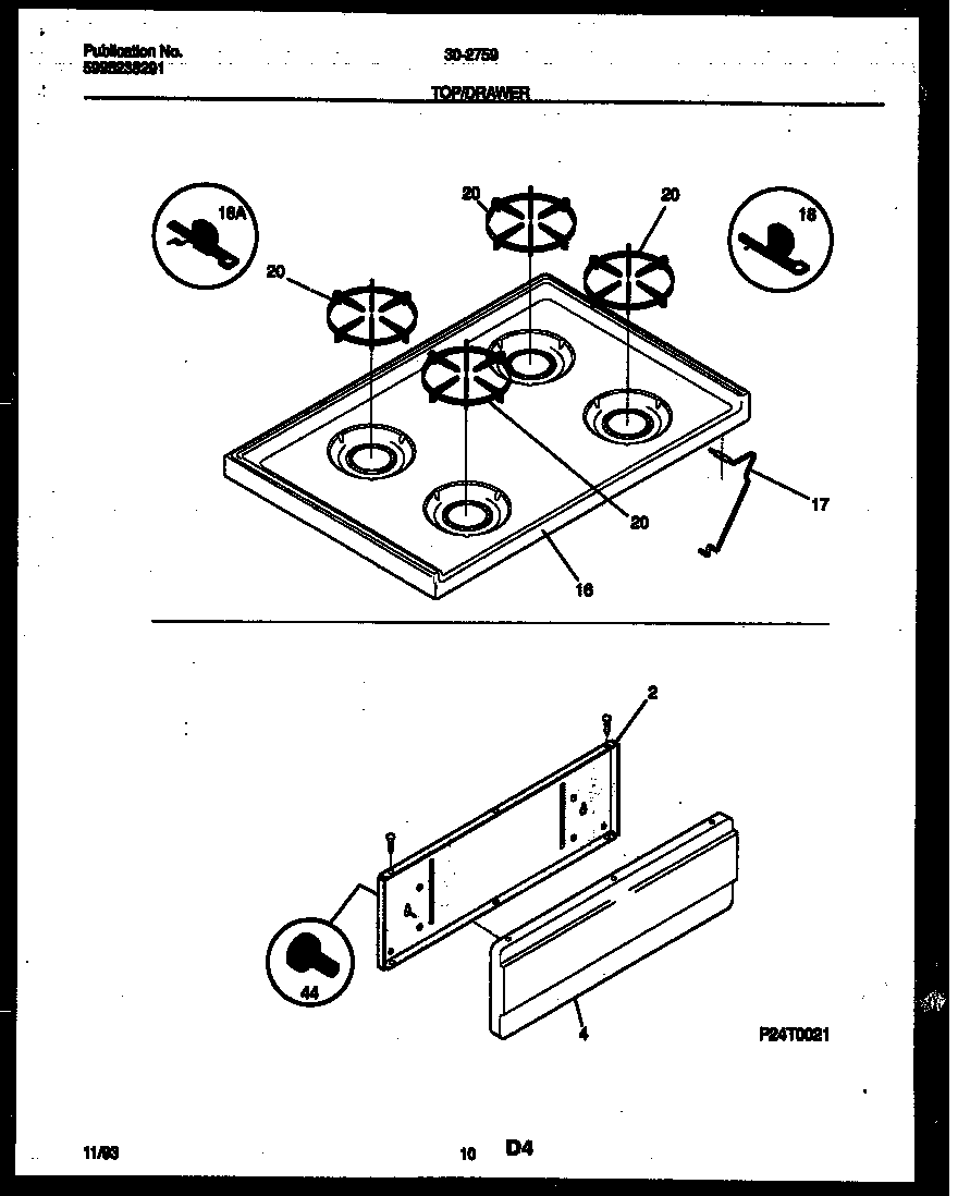 Tappan 30-2759-00-07 cooktop and drawer parts diagram