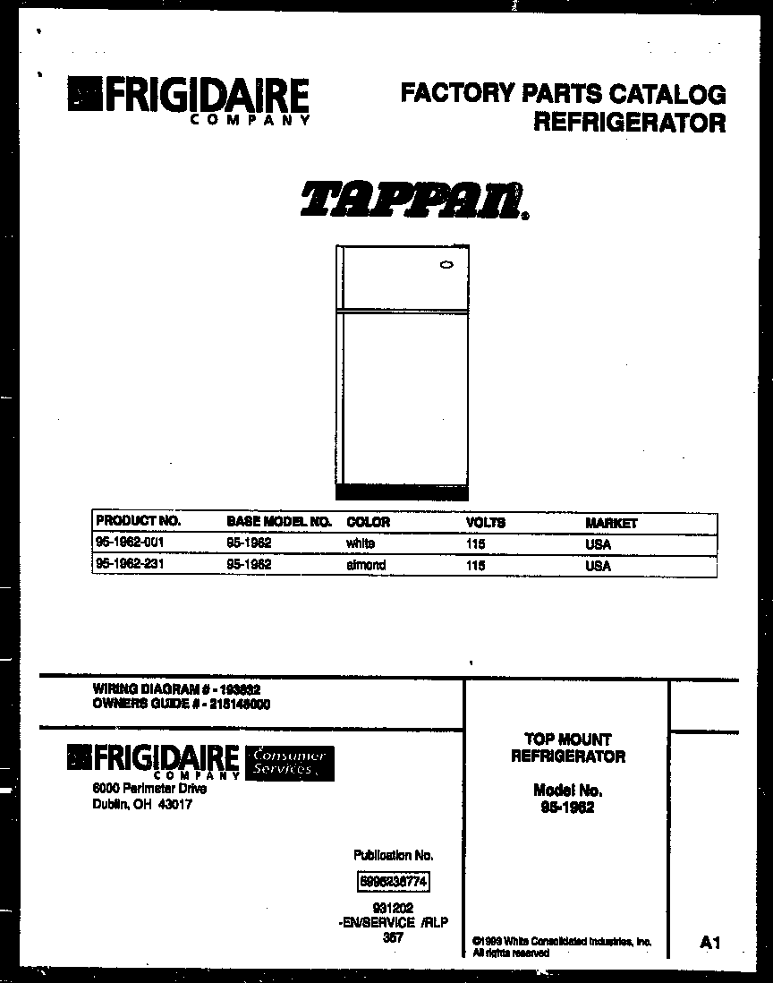 Tappan 95-1962-23-01 cover diagram
