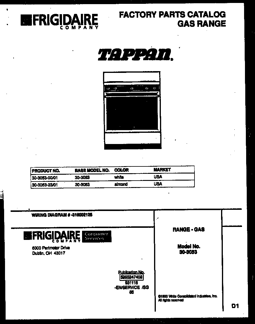 Tappan 30-3053-00-01 cover page diagram