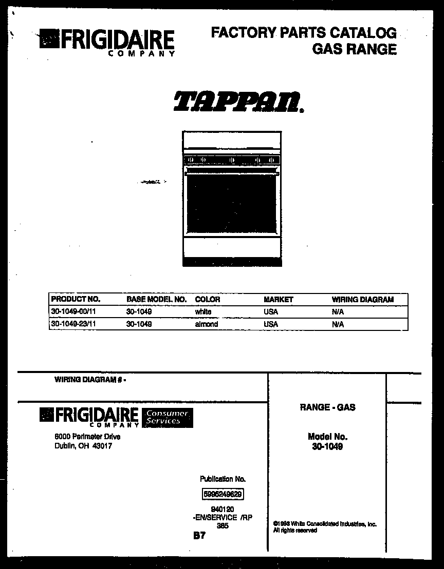 Tappan 30-1049-23-11 cover page diagram