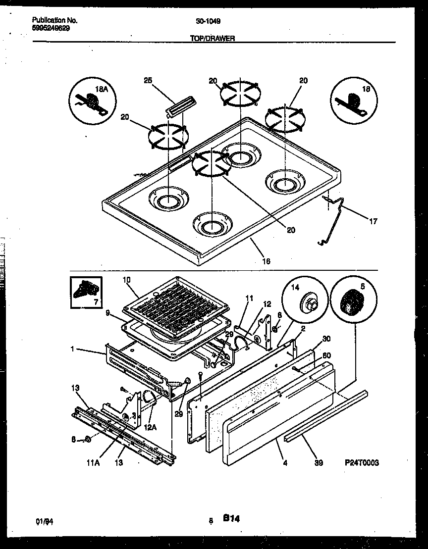 Tappan 30-1049-23-11 cooktop and broiler drawer parts diagram