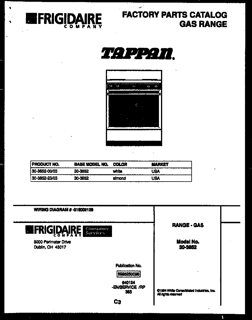 Tappan 30-3852-00-03 cover page diagram