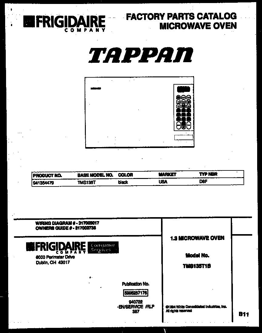 Tappan TMS135T1B front cover diagram